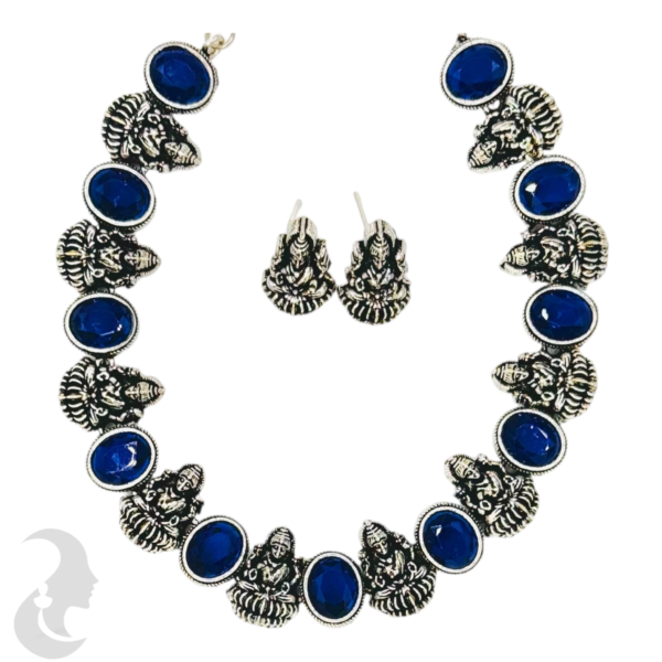 Short Necklace- 10 Lakshmi Design- Dark Blue Stones- Lakshmi Studs, Product Code: V-1149