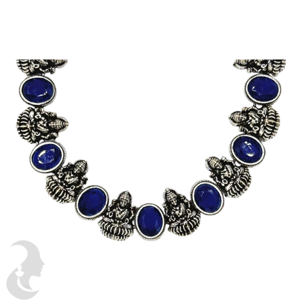 Short Necklace- 10 Lakshmi Design- Dark Blue Stones- Lakshmi Studs, Product Code: V-1149 - Image 2