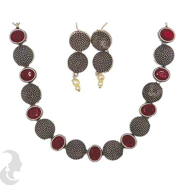 Short Necklace- Round Design- Ruby Color Stones- Studs With, Product Code: V-1150