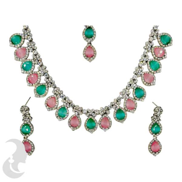 AD Necklace- Mint & Pink Stones- With Maati & Studs, Product Code: V-1155