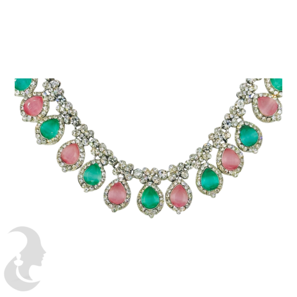 AD Necklace- Mint & Pink Stones- With Maati & Studs, Product Code: V-1155 - Image 2