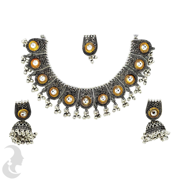 Short Necklace- Plain Stones- Gold & Black Silver Design- Jhumkas- With Maati, Product Code: V-1161