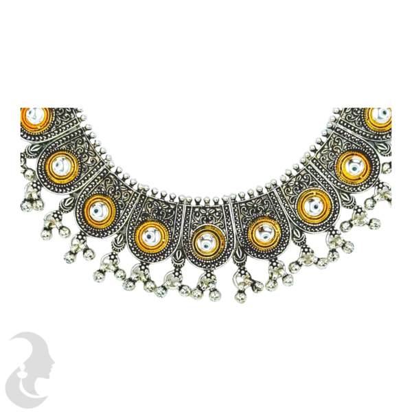 Short Necklace- Plain Stones- Gold & Black Silver Design- Jhumkas- With Maati, Product Code: V-1161 - Image 2