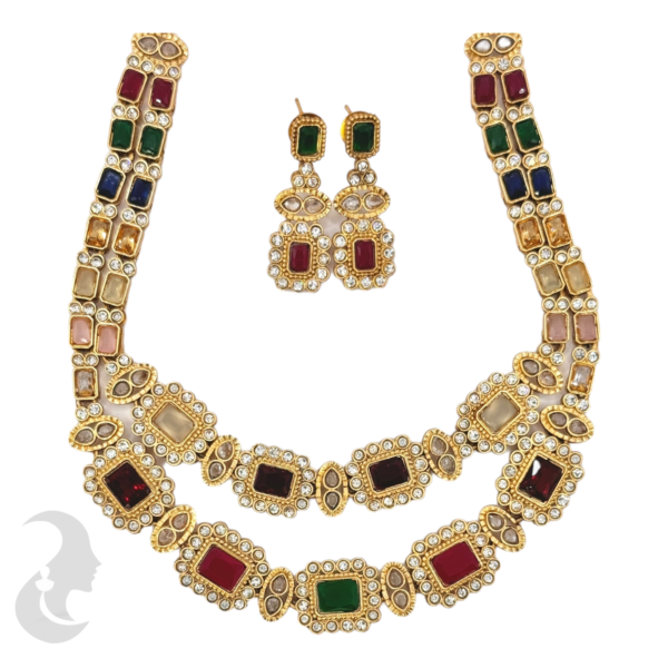 AD Double Layered Necklace-Multi Stones - Studs, Product Code: V-1002