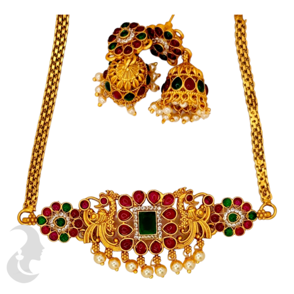 Choker - Green & Ruby Color Stones- Jhumkas, Product Code: V-1020