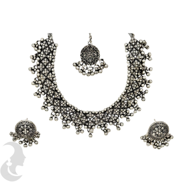 Silver Short Necklace- Flower Design- Studs- With Maati, Product Code: V-1163