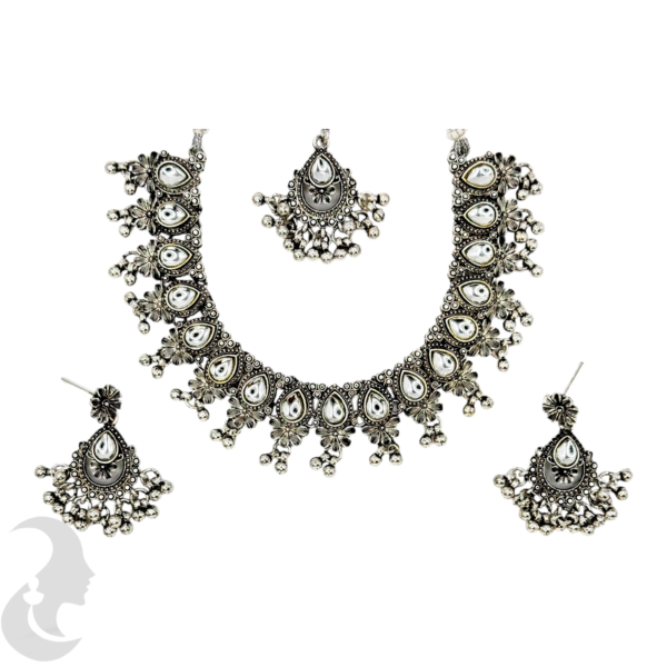 Silver Short Necklace- Gopi & Flower Design- Studs-  Maati, Product Code: V-1164