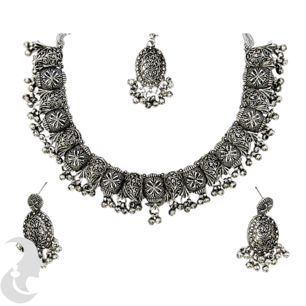 Black Silver Necklace- Silver Hangings- Studs- With Maati, Product Code: V-1167