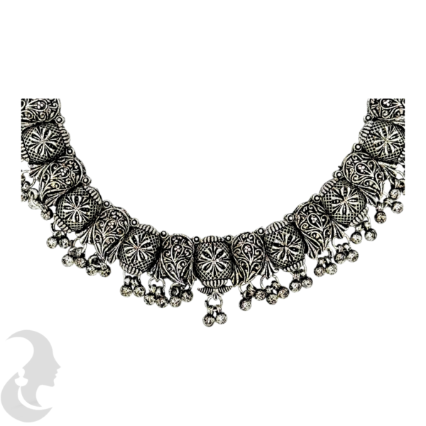 Black Silver Necklace- Silver Hangings- Studs- With Maati, Product Code: V-1167 - Image 2