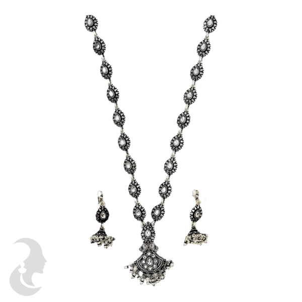 Long Necklace- Gopi Design- Plain Stone- Black Silver- Jhumkas, Product Code: V-1170