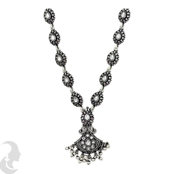 Long Necklace- Gopi Design- Plain Stone- Black Silver- Jhumkas, Product Code: V-1170 - Image 2