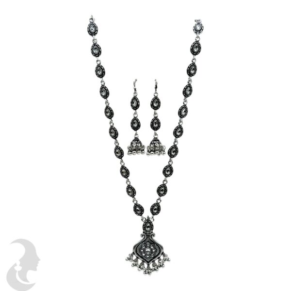 Long Necklace- Gopi Design- Plain Stone- Black Silver- Jhumkas, Product Code: V-1171