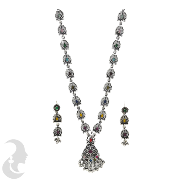 Long Necklace- Gopi Design- Multi Stone- Black Silver- Studs, Product Code: V-1172