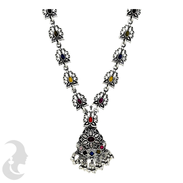 Long Necklace- Gopi Design- Multi Stone- Black Silver- Studs, Product Code: V-1172 - Image 2