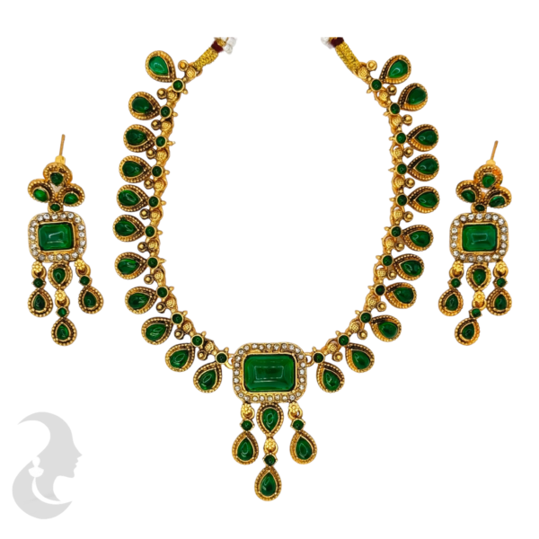 Gold Necklace - Green Color Stone- Studs, Product Code: V-1021