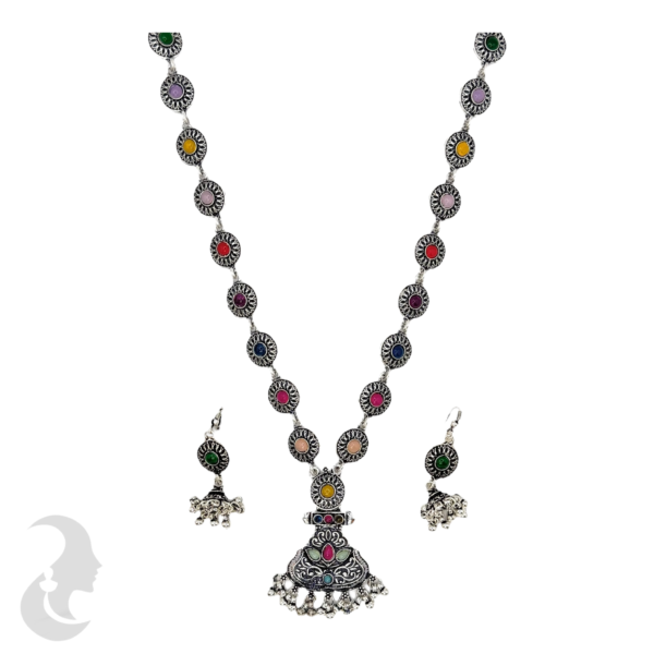 Long Necklace- Round Design- Multi Stone- Black Silver- Jhumkas, Product Code: V-1173