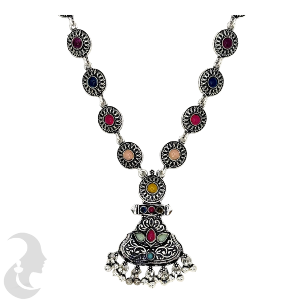 Long Necklace- Round Design- Multi Stone- Black Silver- Jhumkas, Product Code: V-1173 - Image 2