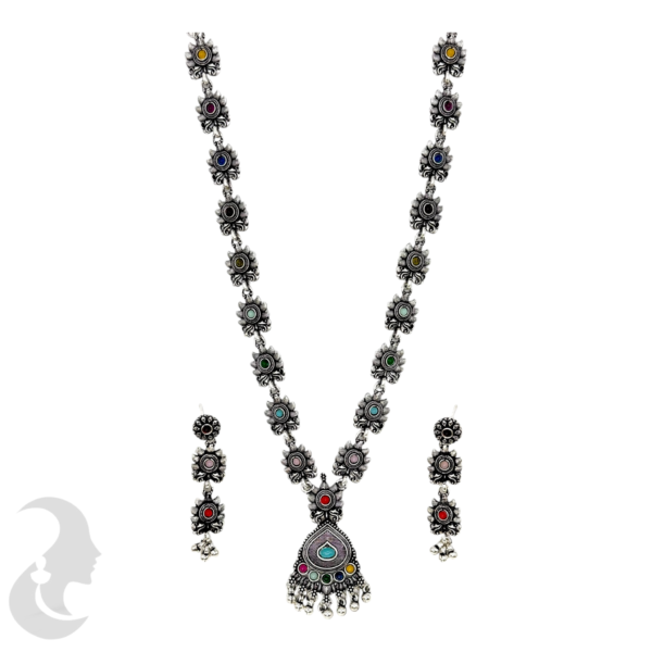 Long Necklace- Flower Design- Multi Stone- Black Silver- Studs, Product Code: V-1174