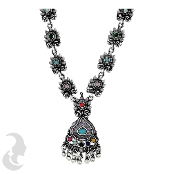 Long Necklace- Flower Design- Multi Stone- Black Silver- Studs, Product Code: V-1174 - Image 2