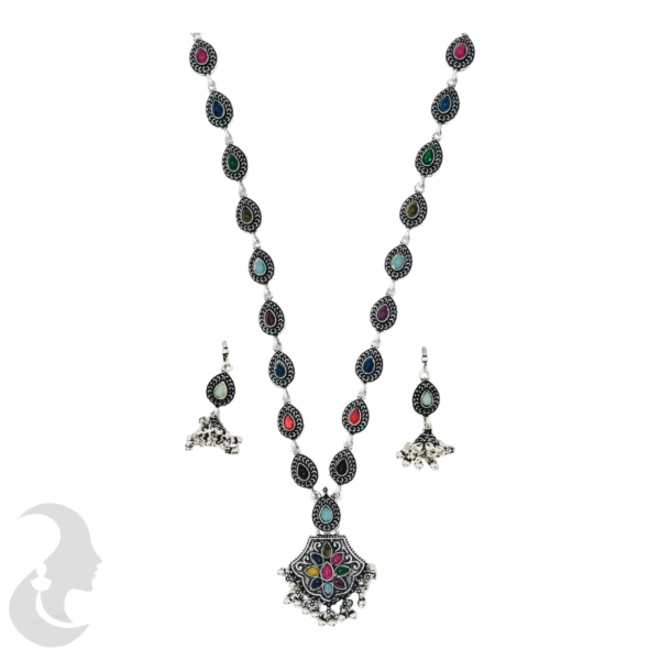 Long Necklace- Gopi Design- Multi Stone- Black Silver- Jhumkas, Product Code: V-1175