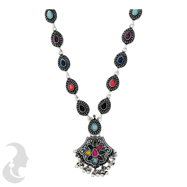 Long Necklace- Gopi Design- Multi Stone- Black Silver- Jhumkas, Product Code: V-1175 - Image 2