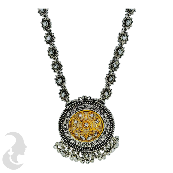 Black Silver- Round Pendant- Plain Stones- Gold Flower Design- Studs, Product Code: V-1177 - Image 2