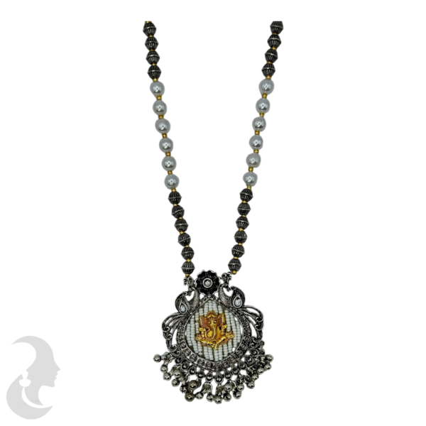 Black Silver- Round Beads Necklace- Ganesh Pendant- Studs, Product Code: V-1178 - Image 2