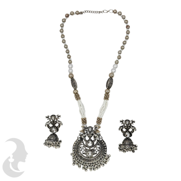 Black Silver- White & Silver Beads Necklace- Deer Design Pendant- Plain Stones- Jhumkas, Product Code: V-1179