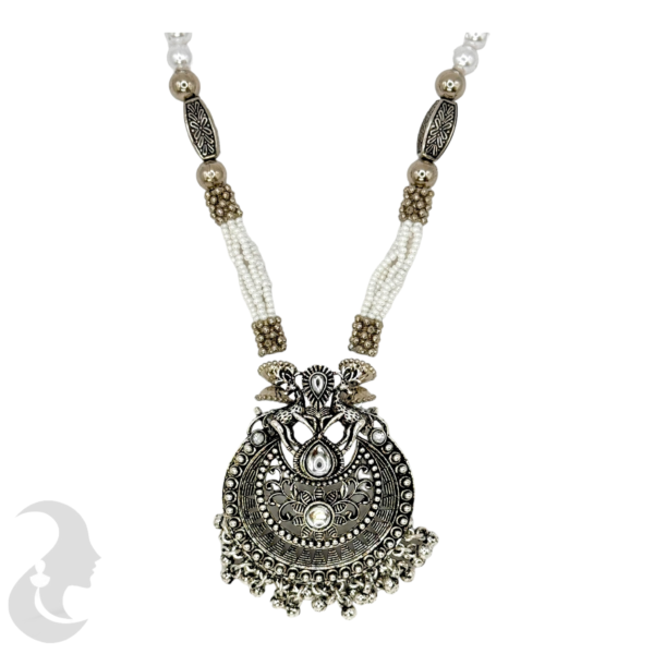 Black Silver- White & Silver Beads Necklace- Deer Design Pendant- Plain Stones- Jhumkas, Product Code: V-1179 - Image 2