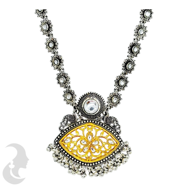 Black Silver- Plain Stones- Gold Design- Flower Necklace- Studs, Product Code: V-1180 - Image 2