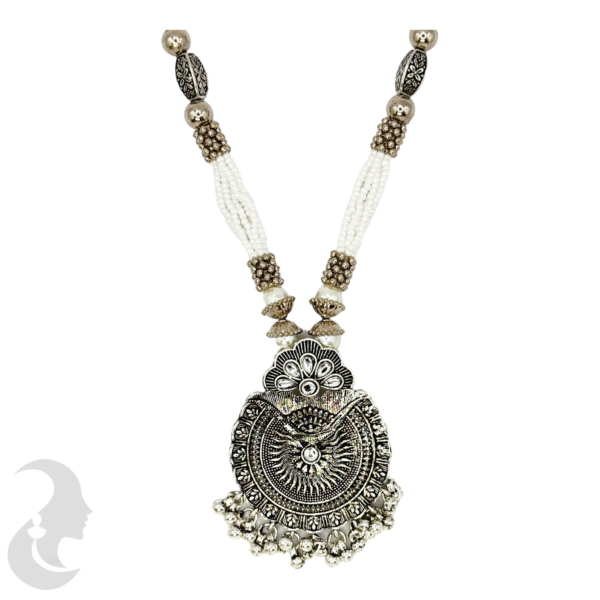 Black Silver- Round Pendant- Plain Stones- White & Silver Beads- Studs, Product Code: V-1181 - Image 2