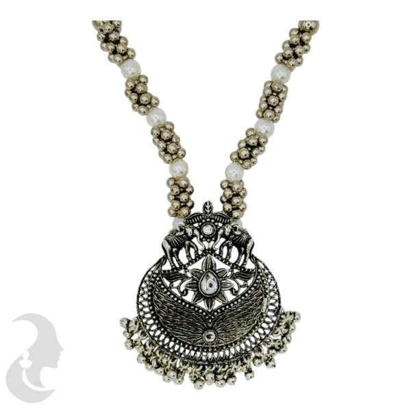 Black Silver- Elephant Design- Plain Stones- White & Silver Beads- Studs, Product Code: V-1182 - Image 2