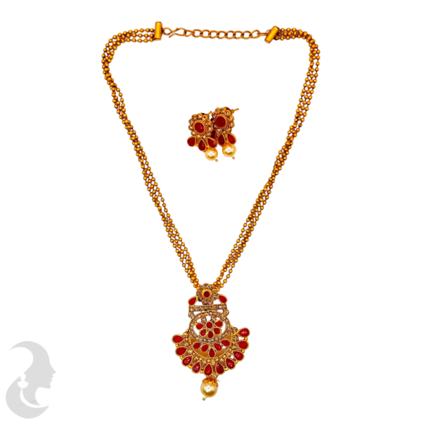 Three Layer Beads Necklace- Flower Pendant - Ruby Color Stone- Studs, Product Code: V-1022