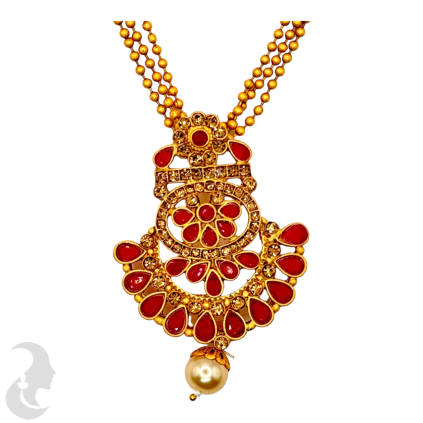 Three Layer Beads Necklace- Flower Pendant - Ruby Color Stone- Studs, Product Code: V-1022 - Image 2