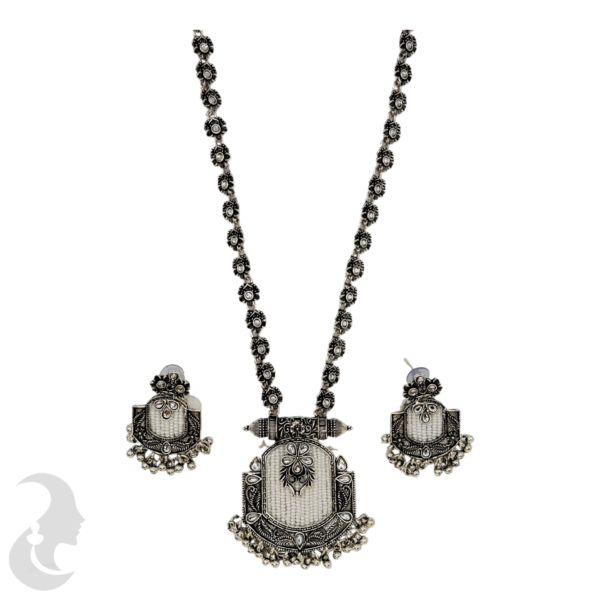 Black Silver- Flower Design Necklace & White Beads Pendant- Plain Stones- Studs, Product Code: V-1183