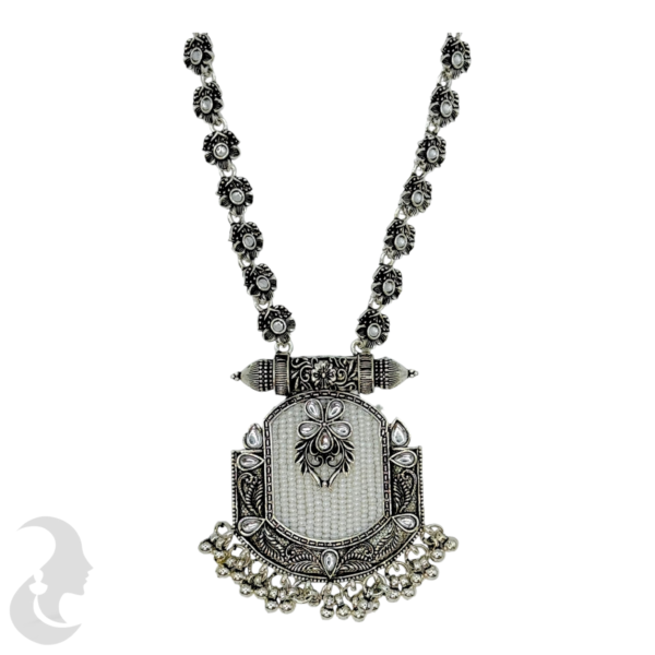 Black Silver- Flower Design Necklace & White Beads Pendant- Plain Stones- Studs, Product Code: V-1183 - Image 2