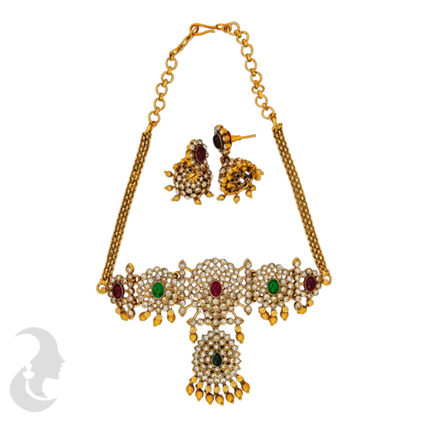 Choker - Green, Ruby & White Color Stones- Jhumkas, Product Code: V-1023