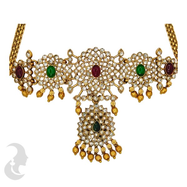 Choker - Green, Ruby & White Color Stones- Jhumkas, Product Code: V-1023 - Image 2