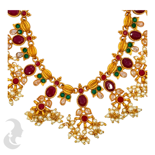 Gold Necklace - Green & Ruby Color Stones -Studs, Product Code: V-1024