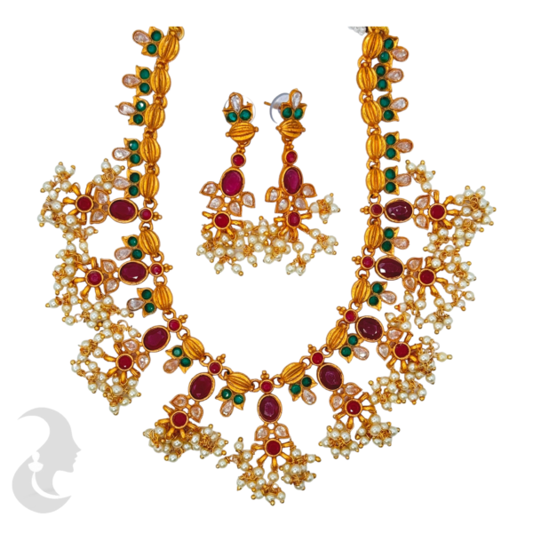 Gold Necklace - Green & Ruby Color Stones -Studs, Product Code: V-1024 - Image 2