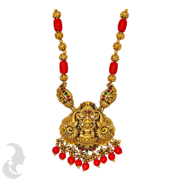 Coral Necklace- Lakshmi & Elephant Design- Coral Beads Necklace - Removable Pendant- Lakshmi Jhumkas, Product Code: V-1213 - Image 2