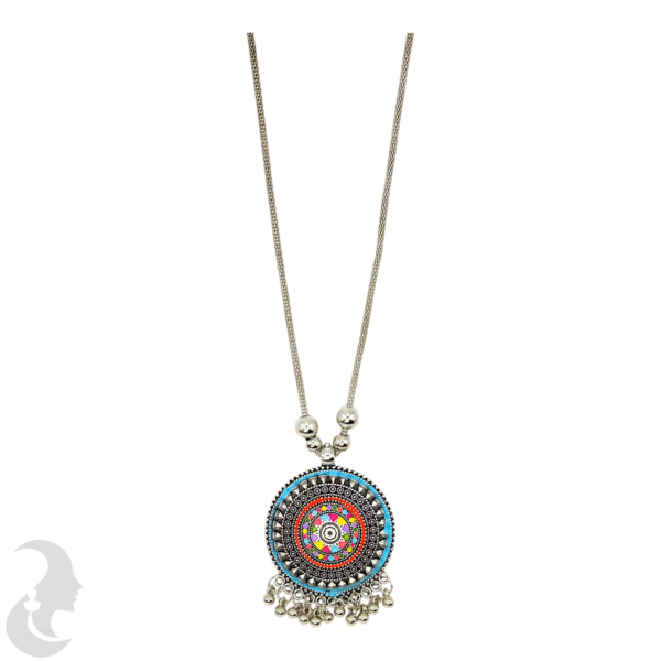 Silver Necklace- Mandala  Design Pendant- Blue Color, Product Code: V-1214