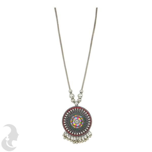 Silver Necklace- Mandala Design Pendant- Orange Color, Product Code: V-1216 - Image 2