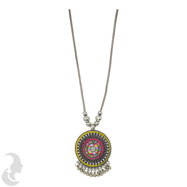 Silver Necklace- Mandala Design Pendant- Yellow Color, Product Code: V-1217