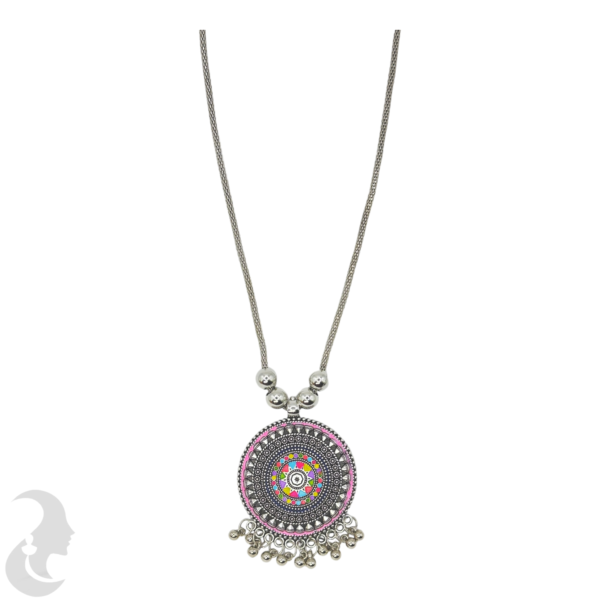 Silver Necklace- Mandala Design Pendant- Pink Color, Product Code: V-1218