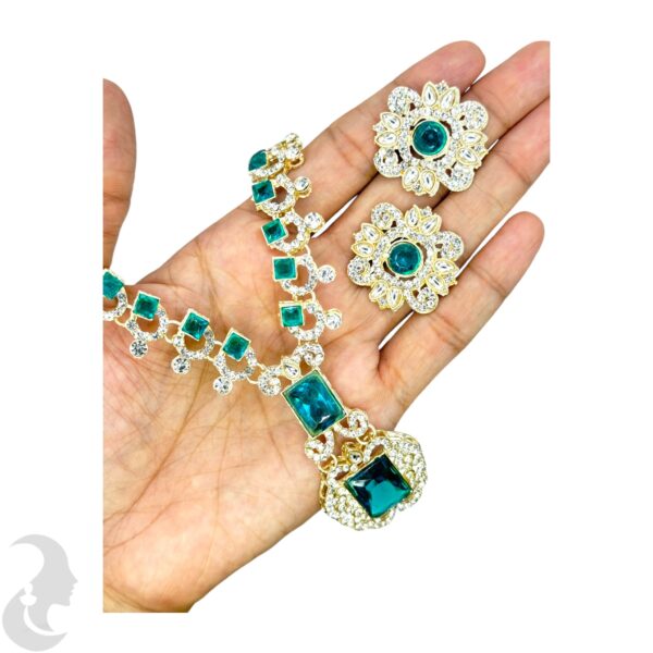 Silver Necklace- Crystal & Blue Color Stones- Studs, Product Code: V-1220 - Image 2