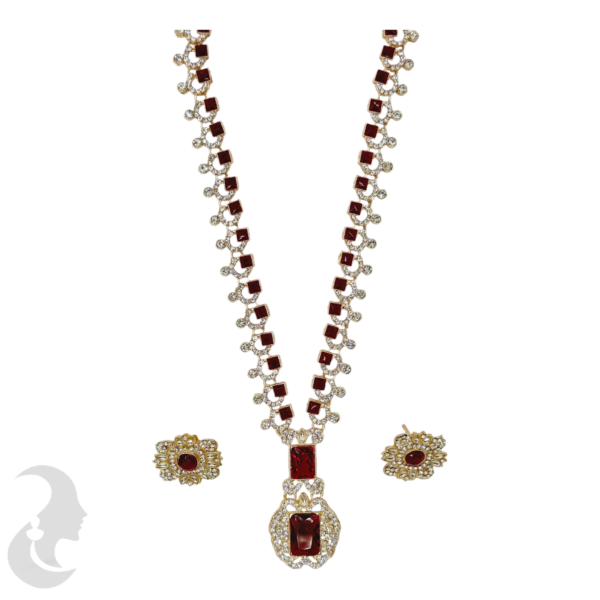 Silver Necklace- Crystal & Red Color Stones- Studs, Product Code: V-1221