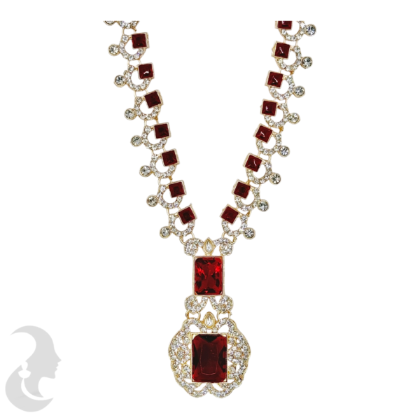 Silver Necklace- Crystal & Red Color Stones- Studs, Product Code: V-1221 - Image 2