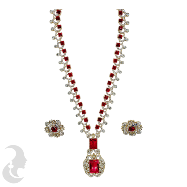 Silver Necklace- Crystal & Pink Color Stones- Studs, Product Code: V-1222