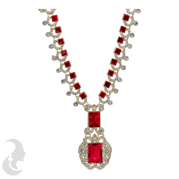 Silver Necklace- Crystal & Pink Color Stones- Studs, Product Code: V-1222 - Image 2